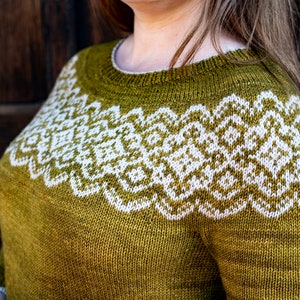 Op de afbeelding: Een groene gebreide trui met een wit geometrisch patroon rond de halslijn.