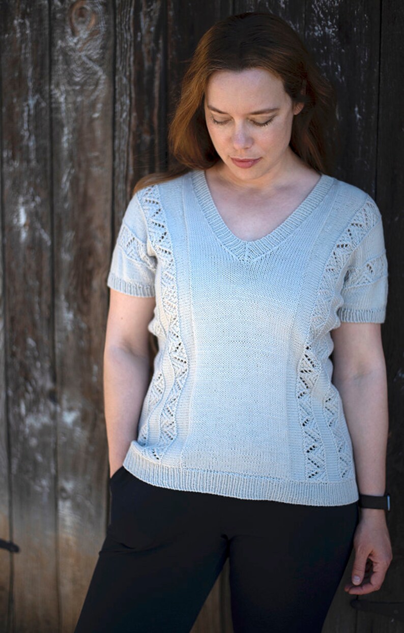 INSTANT DOWNLOAD PDF Knitting Pattern for Women's Lace Sweater Top Tee Jumper Pullover with Lace Sideways Amarna image 4