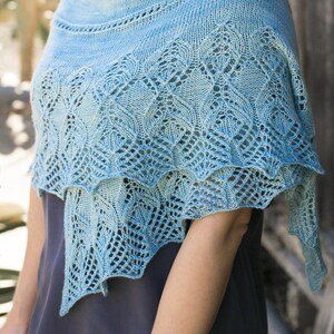 Könnte beinhalten: Ein hellblauer gestrickter Schal mit einem zarten Spitzenmuster. Der Schal ist über die Schultern einer Person gelegt und aus einem weichen, leichten Garn gefertigt.