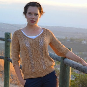 Cable Lace Knitted Top, Women&#39;s top, Knit Top, Lace Top, Knitted Cotton Top, Yellow sweater, Top With Lace Inserts, Knitted Top