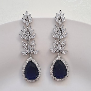 Silver Tone Cubic Zirconia Teardrop Earrings – Royal Blue Wedding Jewelry