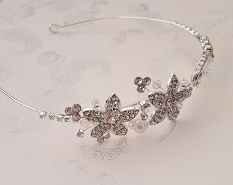 Cerchietto per capelli da sposa con fiori di vite, foglie, perline, strass, moderno, tiara, damigella d'onore, elegante, fatto a mano, accessorio per capelli, diamante, argento