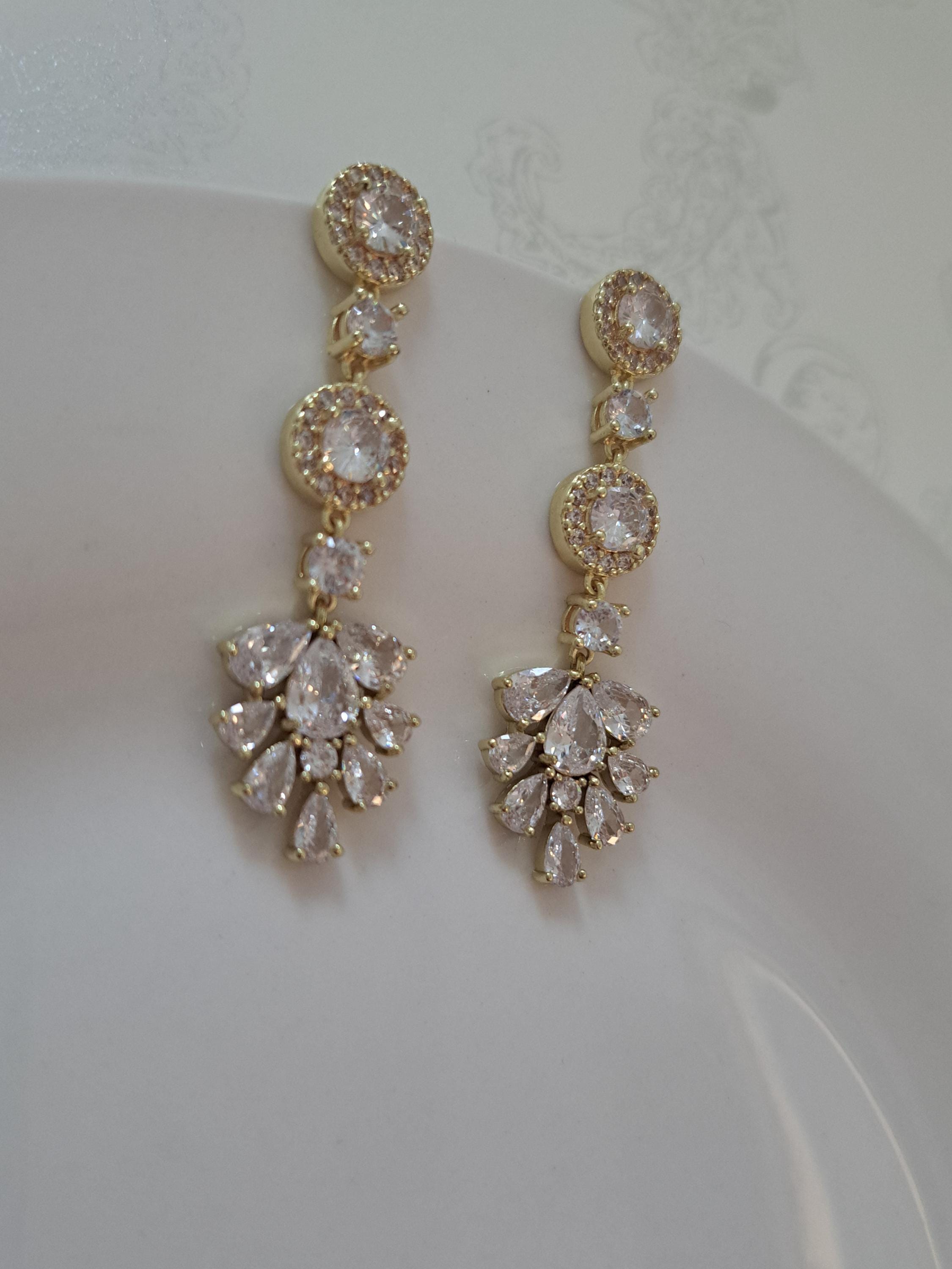 Orecchini Pendenti Lunghi A Lampadario Con Cristalli E Zirconi Cubici - Eleganti Gioielli Da Sposa E Per Occasioni Speciali