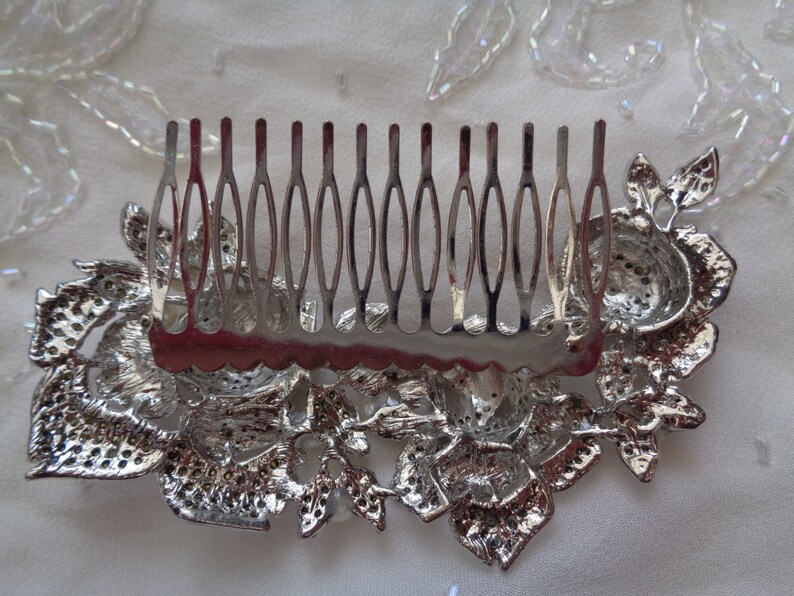 Silver 3 triple rose vintage flower pearls rhinestone crystal bridal hair comb