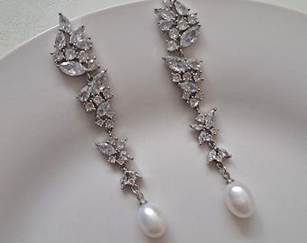 Handmade Freshwater Pearl Long Drop Wedding Earrings, Cubic Zirconia, Silver Plated