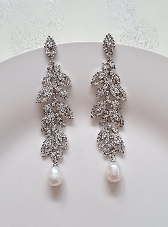 Freshwater pearl & cubic zirconia diamond drop wedding earrings silver tone designer hand made bridal beautiful unique large long leaves