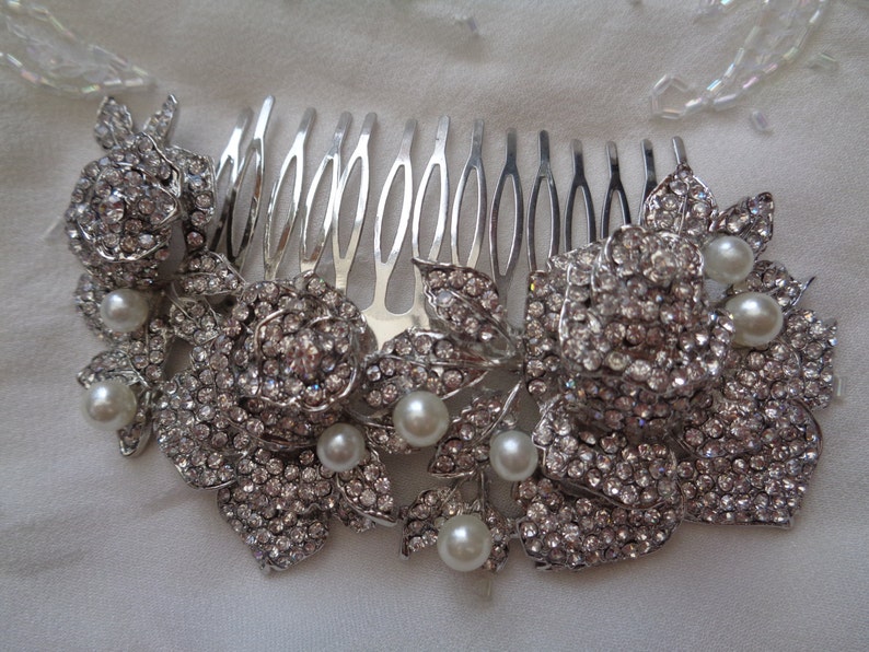Silver 3 triple rose vintage flower pearls rhinestone crystal bridal hair comb