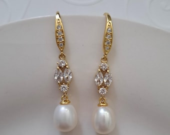 Gold tone wedding earrings with real freshwater pearls fish hook long slim drop bridal mother of the bride bridesmaid party