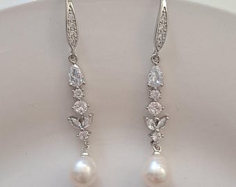 Freshwater pearl & cubic zirconia diamond wedding earrings silver cocktail party event long dangle drop fish hook elegant