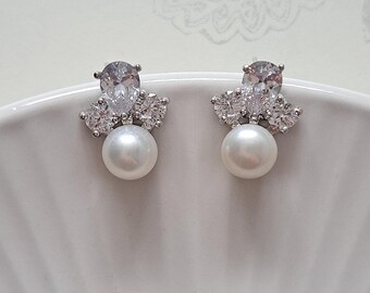 Luxury cubic zirconia and real freshwater pearl stud diamond wedding bridal evening earrings unique cocktail art deco white bridesmaid small