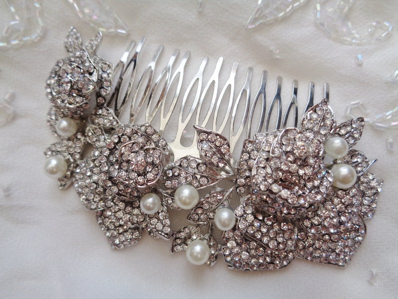 Silver 3 triple rose vintage flower pearls rhinestone crystal bridal hair comb