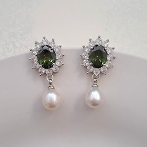 Freshwater pearl & cubic zirconia oval earrings silver hand made bridal diamonds elegant vintage traditional peridot olive green flower
