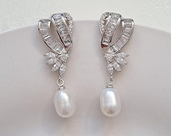 Freshwater pearl & cubic zirconia diamond drop wedding earrings silver designer hand made unique bride designer modern art deco statement