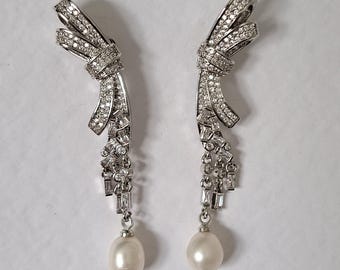 Freshwater pearl cubic zirconia long elaborate wedding earrings silver drop diamonds bow design designer handmade unique modern bride ribbon