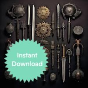 May include: A collection of 20 fantasy-style weapons and accessories, including swords, daggers, shields, and staffs. The items are arranged on a black background and feature a variety of materials, including metal, leather, and wood.