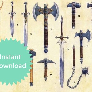 Può includere: Una collezione di 15 armi fantasy, tra cui spade, asce, mazze e arco e frecce. Le armi sono disegnate in uno stile dettagliato, disegnato a mano, su uno sfondo color crema.
