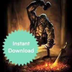 May include: A muscular, bearded figure with a hammer raised above his head, forging a sword on an anvil. The forge is glowing with orange and red flames.