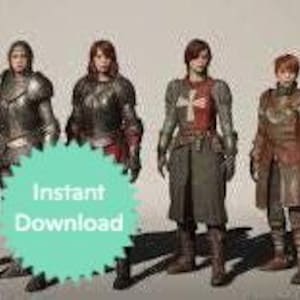 May include: Six figures of people wearing medieval clothing and armor. The figures are standing in a row, and they are all looking at the camera. The figures are wearing a variety of clothing, including tunics, cloaks, and armor. The figures are all holding weapons, including swords, axes, and bows and arrows.