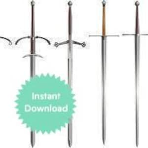 May include: Six different styles of swords with silver blades and brown wooden handles. The swords have various designs, including a crossguard and a pommel.
