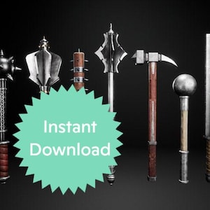 May include: A collection of eight medieval weapons, including a spiked mace, a war hammer, a morning star, a flail, a club, a spiked club, a sword, and a battle axe. The weapons are all made of metal and have wooden handles.
