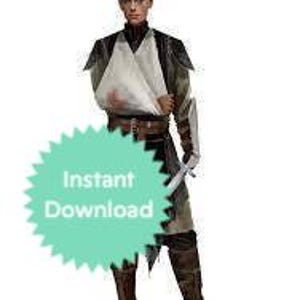 Może przedstawiać: Postać fantasy ubrana w brązową skórzaną tunikę z białą koszulą pod spodem, brązowym skórzanym pasem i brązowymi skórzanymi butami. Postać trzyma miecz w prawej ręce i ma zielono-brązowy płaszcz zarzucony na ramiona.