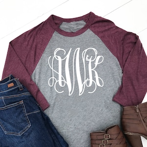 Monogrammed baseball raglan shirt -3/4 sleeve baseball t-shirt -monogrammed shirt -Bridesmaids shirt -baseball monogram raglan