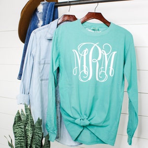 Long Sleeve Personalized Monogrammed Comfort Color Tee, Full Chest Monogram Long Sleeve Tee, Comfort Colors Long Sleeve Tee