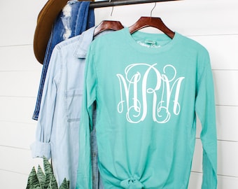 Long Sleeve Personalized Monogrammed Comfort Color Tee, Full Chest Monogram Long Sleeve Tee, Comfort Colors Long Sleeve Tee