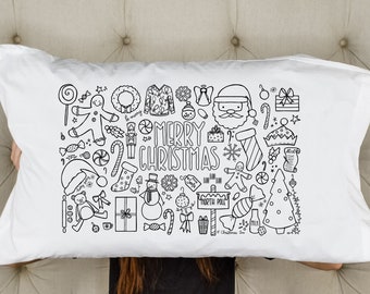 May include: A white pillowcase with a black and white doodle design featuring Christmas-themed illustrations and the text "Merry Christmas".