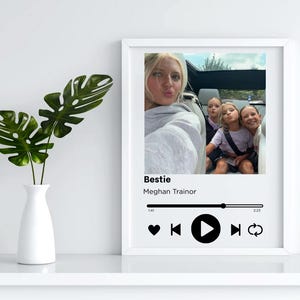 Könnte beinhalten: Ein gerahmter Druck mit einem Foto von vier Personen in einem Auto. Der Druck enthält den Text "Bestie" und "Meghan Trainor" mit einer Musikplayer-Grafik. Links ist eine weiße Vase mit grünen Blättern.