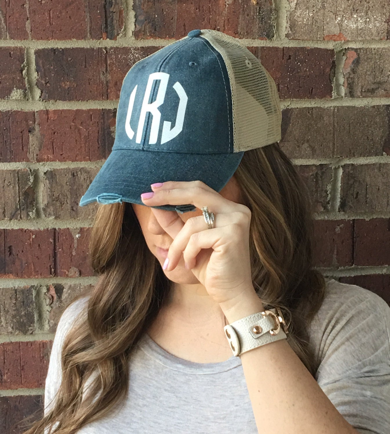 Monogram Distress Hat Monogram Trucker Hat Monogram Cap Etsy