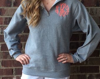 Monogrammed Sweatshirt Quarter Zip Pullover Navy Forest Green Oxford Grey Black Ash Personalized