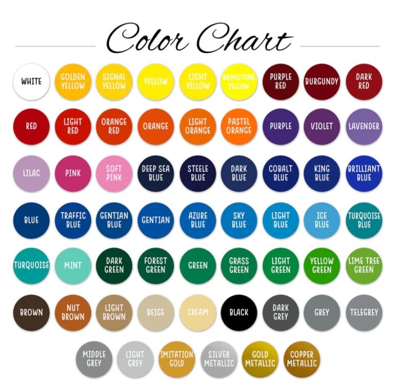 May include: Color chart with 6 rows of 10 color swatches. Each swatch is a circle with a color name written in white text. The colors include white, yellow, red, orange, pink, blue, green, brown, grey, and gold.