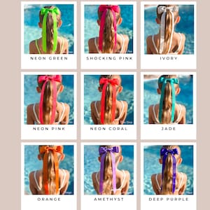 May include: Nine different color ribbon hair bows tied in a bow with long tails. The bows are neon green, shocking pink, ivory, neon pink, neon coral, jade, orange, amethyst, and deep purple.