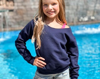 BLANK Unisex Raw Edge Off Shoulder Sweatshirt for KIDS and WOMEN,  Sweatshirt, Blank , Bulk, Wholesale, Off Shoulder