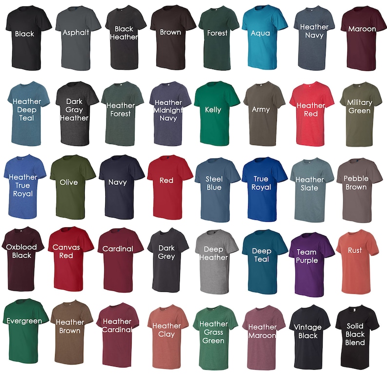 Puede incluir: Una tabla de 48 colores de camisetas diferentes, incluyendo negro, blanco, rojo, azul, verde y muchos tonos de jaspeado.