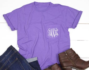 Short sleeve Comfort Colors Monogram Pocket Tee, Short Sleeve t shirt, Comfort Colors, monogram pocket tshirt, monogram pocket tee for women