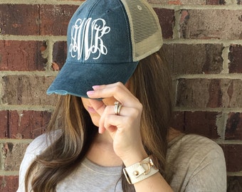 Monogram Distress Hat, Monogram Trucker Hat, Monogram Cap, Monogram Baseball Cap, Distressed Personalized Hat, Chambray