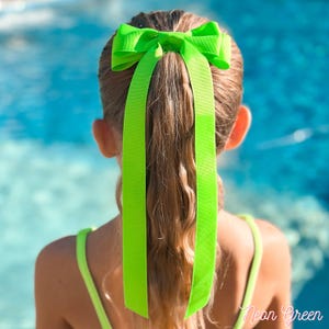 May include: A neon green hair bow with long tails. The bow is tied in a ponytail.