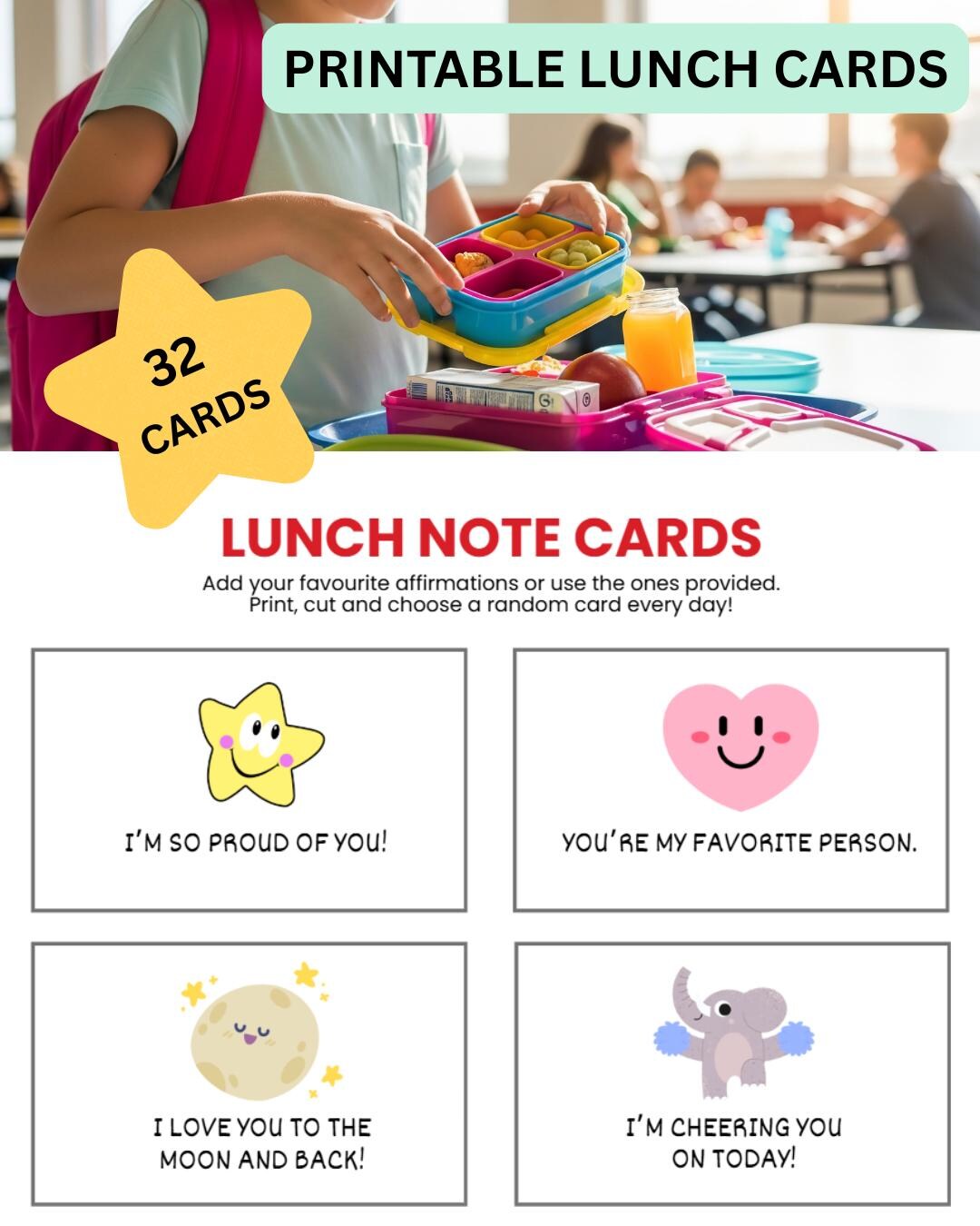 Lunchbox Notes for Kids | Printable PDF Lunch Notes With Positive ...