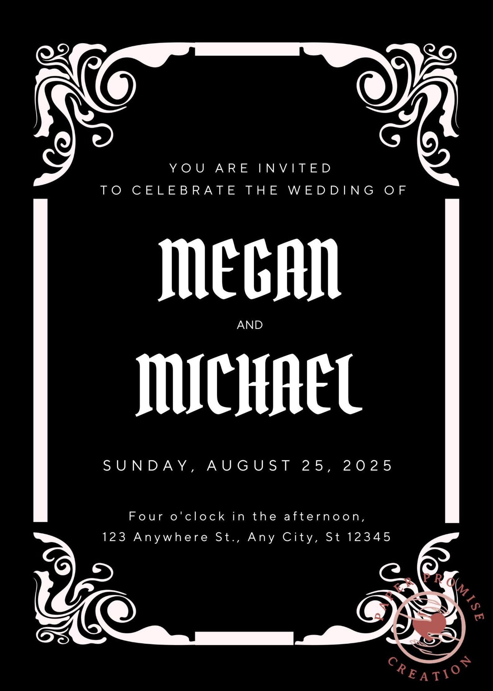 Gothic Wedding Invitation Canva Template White Frame, Dark Theme