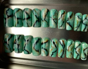 20pcs Luxury Turquoise Marble Hand-Painted, Press-On Nails Medium Square