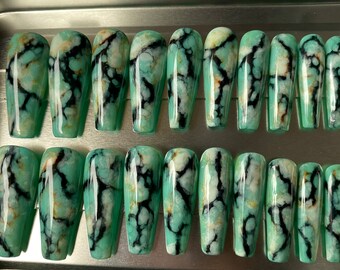 20pcs Luxury Turquoise Marble Hand-Painted, Press-On Nails Long Coffin