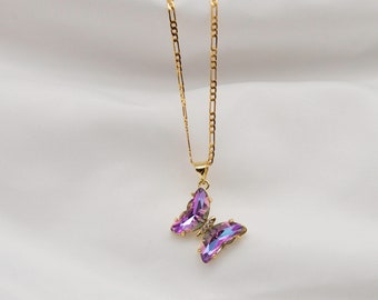 GDP Necklace, 24k Gold Plated Purple Butterfly Pendant Crystal Necklace