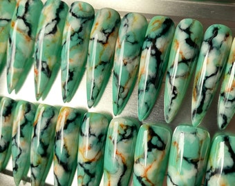 22pcs Luxury Turquoise Marble Hand-Painted, Press-On Nails XL Stiletto