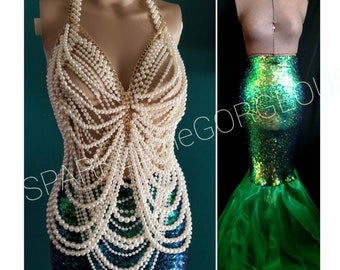 Women Mermaid Costume, Pearl Body Chain Top, Green Mermaid Tail, Each Item Is Sold Separate