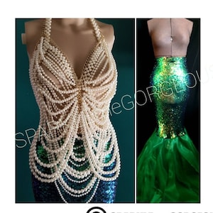 Women Sequin Mermaid Costume, Pearl Body Chain Top, Green Mermaid Tail, Each Item Is Sold Separate