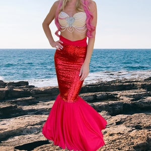 Red Sequin Mermaid Costume Tail Skirt with High Waisted Slimming Design Features