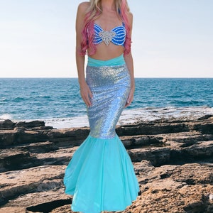 Mermaid Costume Women Silver Aqua Sequin Halloween Tail