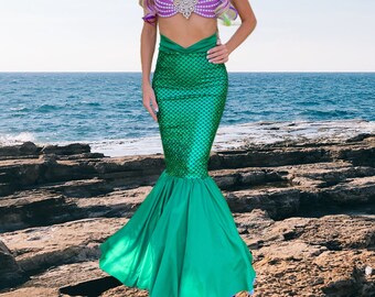 Green Fish Scale Mermaid Skirt Halloween Costume with Slim Waistband Design